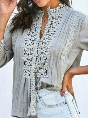Women’s Bohemian Lace-Pleated Blouse -Top Gray SZ LARGE